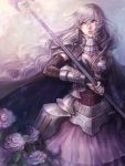  1girl armor armored_dress breastplate elbow_gloves flower gloves hair_between_eyes highres knight long_hair original parted_lips polearm purple purple_rose rose senano-yu silver_hair solo spear wavy_hair weapon 