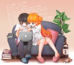  1boy 1girl arie9 blue_eyes blush book brown_eyes brown_hair code computer glasses hair_ornament highres ikari_shinji laptop long_hair macbook male neon_genesis_evangelion orange_hair shirt short_hair slippers souryuu_asuka_langley 