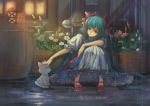  1girl barrel cat dress flower green_eyes green_hair hatsune_miku highres long_hair rain sitting solo teddy_yang vase very_long_hair vocaloid 