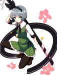  1girl black_legwear blush green_eyes grey_hair hairband katana konpaku_youmu loafers looking_at_viewer pantyhose ponkotsu_(ayarosu) shoes short_hair simple_background skirt solo sword touhou weapon 