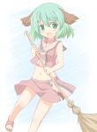  1girl alternate_costume animal_ears bamboo_broom broom collar dress fang green_eyes green_hair kasodani_kyouko midriff navel open_mouth sandals shino_megumi short_hair simple_background smile solo touhou 