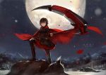  1girl black_hair boots cape character_name cotta cross dress english full_moon moon pantyhose petals rose_petals ruby_rose rwby scythe short_hair skirt snow solo weapon 