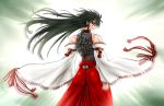  1girl ass bare_shoulders black_eyes black_hair clenched_hands detached_sleeves from_behind hakama highres japanese_clothes ledjoker07 leotard long_hair looking_back m.u.g.e.n motion_blur muscle nontraditional_miko original scar sendai_hakurei_no_miko smile solo tassel touhou 