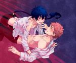  2boys ao_no_exorcist black_hair blue_hair blush fang finger_in_mouth male moyuki multiple_boys okumura_rin on_person open_clothes open_shirt pointy_ears redhead shima_renzou shirt short_hair sweat tail yaoi 