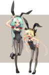  2girls ;d animal_ears arm_up black_legwear blonde_hair blue_eyes blush bow breasts bunny_girl bunny_tail bunnysuit cleavage fake_animal_ears green_eyes green_hair hair_bow hand_on_hip high_heels katahira_masashi long_hair looking_at_viewer multiple_girls open_mouth original pantyhose rabbit_ears revision shoe_dangle shoes smile standing_on_one_leg tail twintails v wink wrist_cuffs 
