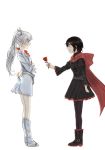  2girls black_hair blue_eyes blush boots brown_eyes cape dress embarrassed flower hair_ornament long_hair multiple_girls pantyhose rose ruby_rose rwby short_hair side_ponytail simple_background veerinly weiss_schnee white_hair 