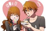  1boy 1girl absurdres blush brown_eyes brown_hair candy casual dual_persona eating fate/extra fate_(series) genderswap highres kishinami_hakuno_(female) kishinami_hakuno_(male) lollipop routo sweets wavy_mouth 