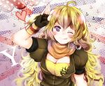  1girl ;d anchor blonde_hair breasts cleavage fingerless_gloves gauntlets gloves heart highres long_hair open_mouth polka_dot polka_dot_background revanche rwby smile solo violet_eyes weapon wink yang_xiao_long 