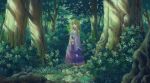  1girl blue_eyes brush_(medium) detached_sleeves forest frog_hair_ornament gohei grass green_hair hair_ornament hair_tubes hands_together highres kochiya_sanae long_hair long_skirt looking_at_viewer miso_pan nature paint_(medium) skirt smile snake_hair_ornament solo touhou traditional_media 