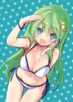  1girl alternate_costume bare_shoulders bikini blush breasts cleavage frog_hair_ornament green_hair hair_ornament kochiya_sanae large_breasts long_hair looking_at_viewer minamura_haruki navel polka_dot polka_dot_background side-tie_bikini smile snake_hair_ornament solo star swimsuit touhou 