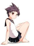  1girl arm_support barefoot blush brown_eyes brown_hair nijou_izumi saki saki_achiga-hen school_uniform serafuku short_hair sitting sleeveless solo umekichi 