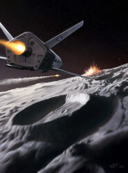  battle darren_tan explosion highres missile moon no_humans original scenery shadow sky space space_shuttle spacecraft star_(sky) star_(symbol) starry_sky thrusters 
