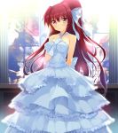  1girl backlighting between_breasts breasts dress gloves hand_between_breasts highres koiken_otome ponytail red_eyes redhead stained_glass tateha_(artist) wedding_dress window yasukuni_akane 