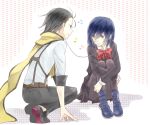  1boy 1girl arisato_minato azu_(azu22azu) black_hair blue_eyes blue_hair genderswap headphones mochizuki_ryouji musical_note persona persona_3 scarf school_uniform short_hair suspenders yuuki_makoto 