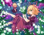  1girl amagase_lyle barefoot blonde_hair fairy_wings flower green_eyes hair_ribbon lily_of_the_valley long_hair looking_at_viewer medicine_melancholy poison ribbon shaded_face shirt sitting skirt skirt_set su-san touhou very_long_hair wings 
