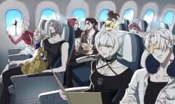  4girls 5boys adventurer_(ff14) aircraft airplane alisaie_leveilleur alphinaud_leveilleur animal_ears archon_mark backpack bag black_choker book cat_ears choker covered_eyes day elezen elf final_fantasy final_fantasy_xiv from_side g&#039;raha_tia group_picture holding holding_book krile_baldesion_(ff14) miqo&#039;te multiple_boys multiple_girls neck_tattoo pointy_ears short_hair sitting sleep_mask tataru_taru tattoo thancred_waters urianger_augurelt warrior_of_light_(ff14) white_eyes white_hair window y&#039;shtola_rhul yietwiu 