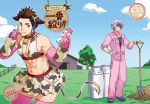  2boys bell bell_collar blue_eyes brown_hair chousokabe_motochika_(sengoku_basara) collar cosplay cow_horns cow_tail crossdressinging elbow_gloves eyepatch farm fence gloves gunner-l headphones headset horns idolmaster idolmaster_cinderella_girls male midriff multiple_boys muscle navel oikawa_shizuku oikawa_shizuku_(cosplay) pink_legwear pitchfork sengoku_basara silver_hair skirt smile tail thigh-highs tokugawa_ieyasu_(sengoku_basara) yellow_eyes 