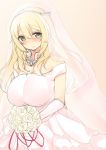  1girl atago_(kantai_collection) bare_shoulders blonde_hair blush bouquet breasts bridal_veil dress flower gloves green_eyes kantai_collection long_hair looking_at_viewer nekoume personification rough smile solo tears veil wedding_dress white_gloves 