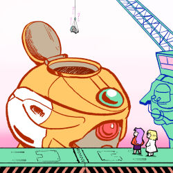  3girls akagi_ritsuko ayanami_rei blonde_hair blue_hair eva_00 highres katsuragi_misato lab_coat looking_up mecha mjikasahastehna multiple_girls neon_genesis_evangelion purple_hair robot short_hair standing 