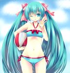  1girl aqua_eyes aqua_hair ball beachball bikini hatsune_miku highres long_hair shisui_suzuka swimsuit twintails vocaloid wink 