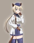  1girl animal_ears blonde_hair blue_eyes dog_ears dog_tail gloves hanna_rudel hat highres iron_cross military military_uniform novram58 ponytail scar solo strike_witches tail thighhighs uniform 