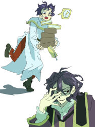  ! 1boy ahoge belt black_eyes brown_belt brown_shoes capelet coat commentary_request dropping gold_trim hair_between_eyes hand_on_own_face jacket leg_up long_bangs long_sleeves male_focus multiple_views natsumi_(723type) open_mouth pants purple_hair purple_jacket red_pants red_pupils saibou_shinkyoku shoes short_hair smile speech_bubble spoken_exclamation_mark stole surprised sweat utsugi_noriyuki white_capelet white_coat 