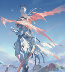  1boy absurdres back back_focus belt boots dragon_boy dragon_horns dragon_tail dragon_wings endofthepage full_body highres horns long_hair love_and_deepspace male_focus moon mountain official_alternate_costume sky solo sylus_(love_and_deepspace) tail white_hair wings 