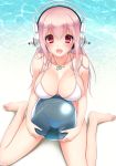  1girl ayase_hazuki ball barefoot beachball blush breasts cleavage headphones long_hair looking_at_viewer nitroplus open_mouth pink_eyes pink_hair sitting smile solo super_sonico 