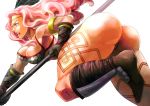  1girl amazon_(dragon&#039;s_crown) armlet ass bare_shoulders boots breasts cleavage dragon&#039;s_crown feathers gloves mizuki_apple pink_hair polearm simple_background solo tattoo thick_thighs thighs violet_eyes weapon white_background 