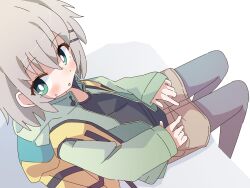  1girl backpack bag black_shirt blush bright_pupils brown_shorts commentary dutch_angle ferumon green_eyes green_jacket grey_hair grey_leggings hair_ornament hairclip hashtag-only_commentary highres hood hood_down jacket leggings looking_at_viewer open_clothes open_jacket shirt shorts sitting solo sweatdrop symbol-only_commentary white_pupils yama_no_susume yukimura_aoi 