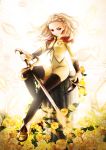  1girl awa_toka blonde_hair bottomless brown_hair flower gauntlets highres kiryuu_nanami knife long_sleeves pants petals pillar rose shirt shoujo_kakumei_utena sitting_on_object solo sword thigh-highs vines violet_eyes weapon wind yellow_rose 