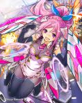  1girl :d absurdres anatamouta armor black_legwear bodysuit breasts cleavage elbow_gloves explosion gloves highres mecha_musume necktie open_mouth pink_eyes pink_hair ponytail smile thighhighs thousand_emperors 