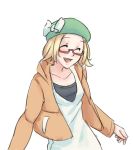  1girl ^_^ bel_(pokemon) beret blonde_hair closed_eyes dress glasses happy hat highres monorus open_hoodie pokemon pokemon_(game) pokemon_bw2 red-framed_glasses semi-rimless_glasses short_hair solo under-rim_glasses 