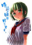  1girl blush glasses green_eyes green_hair looking_at_viewer open_mouth original school_uniform serafuku short_hair solo takebi water wet wet_clothes 