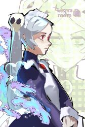  1girl absurdres apron artist_name bloody_marie_(skullgirls) commentary english_commentary from_side grey_hair hair_ornament highres maid_headdress red_eyes skull_hair_ornament skullgirls solo twintails wermer 