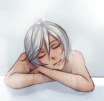  1girl ahoge bathing closed_eyes dark_skin face monorus nude short_hair silver_hair solo uchuu_senkan_yamato uchuu_senkan_yamato_2199 wet yamamoto_akira 