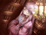  1girl bespectacled book bookshelf breasts bust chiyou cleavage colored_eyelashes dress glasses lantern long_hair no_hat patchouli_knowledge purple_hair solo touhou violet_eyes 