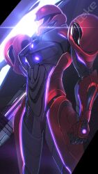  1girl arm_cannon armor assault_visor highres metroid metroid_prime_4:_beyond power_suit power_suit_(metroid) purple_visor samus_aran shoulder_armor signature solo solo_focus teke weapon 