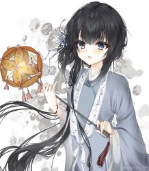  1girl :d absurdres beizi_(clothing) black_hair blush bracelet chinese_clothes flower grey_eyes hair_between_eyes hair_flower hair_ornament hanfu highres holding jewelry long_hair long_sleeves looking_at_viewer mansui_(adulthood)_(the_hungry_lamb) mansui_(the_hungry_lamb) metal_pankou mole mole_under_eye nishuo_shenme_shi_yongjiude open_mouth ribbon smile solo the_hungry_lamb:_traveling_in_the_late_ming_dynasty upper_body very_long_hair white_background white_ribbon wide_sleeves 