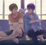 2boys :d ^_^ animal animal_on_shoulder arm_rest arm_support arm_up barefoot black_hair blue_eyes brown_hair casual cat clenched_hand closed_eyes free! frown hair_between_eyes happy hooded_jacket indian_style jacket leaning leaning_forward male multiple_boys nanase_haruka_(free!) night no_shoes open_mouth outdoors pants shorts sitting smile tachibana_makoto wink zukki_(suzukio) 