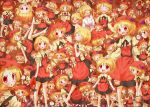  ? aki_minoriko angry arinu bare_shoulders blonde_hair blush hat highres mami_mogu_mogu multiple_girls multiple_persona potato red_eyes reversed sleepy tears touhou wink young yukkuri_shiteitte_ne 