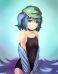  1girl blue_eyes blue_hair hair_bobbles hair_ornament hat kawashiro_nitori long_sleeves one-piece_swimsuit open_mouth school_swimsuit shirt short_hair solo swimsuit touhou twintails 