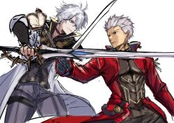  2boys absurdres archer_(fate) archer_(honkai:_star_rail)_(fate) armor coat crossover dark-skinned_male dark_skin fate/stay_night fate/unlimited_blade_works fate_(series) fighting_stance highres holding holding_sword holding_weapon honkai:_star_rail honkai_(series) iamainwork kanshou_&amp;_bakuya_(fate) male_focus multiple_boys phainon_(honkai:_star_rail) red_coat simple_background sketch sword sword_clash weapon white_hair 