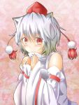  1girl animal_ears blush covering_mouth detached_sleeves gradient gradient_background hat high_collar highres inubashiri_momiji looking_at_viewer pom_pom_(clothes) red_eyes retorosoft silver_hair tokin_hat touhou wolf_ears 