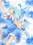  1girl blue_eyes blue_hair bow cirno dress gradient gradient_background hair_bow head_tilt looking_at_viewer marker_(medium) open_hands open_mouth outstretched_arms rano ribbon short_hair solo spread_arms touhou traditional_media watercolor_(medium) wings 