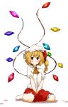  1girl amonitto ascot blonde_hair blush flandre_scarlet hat hat_ribbon puffy_sleeves red_eyes ribbon shirt short_sleeves side_ponytail simple_background sitting skirt solo touhou v_arms wariza white_background wings 