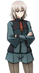  1girl absurdres asticassia_school_uniform bad_id bad_twitter_id blue_eyes blue_shirt blue_shorts closed_mouth commentary cosplay cowboy_shot crossed_arms front-seamed_legwear frown girls_und_panzer grey_hair grey_pantyhose gundam gundam_suisei_no_majo highres itsumi_erika layered_sleeves looking_at_viewer medium_hair miorine_rembran miorine_rembran_(cosplay) omachi_(slabco) pantyhose pantyhose_under_shorts school_uniform seamed_legwear shirt short_shorts shorts simple_background solo standing white_background 
