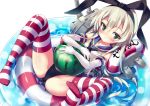  1girl black_panties blonde_hair blush elbow_gloves food fruit gloves green_eyes hairband innertube kantai_collection legs long_hair looking_at_viewer mayuzaki_yuu panties shimakaze_(kantai_collection) shiny shiny_clothes skirt solo striped striped_legwear thighhighs underwear watermelon white_gloves 