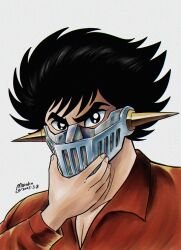  1boy 2025 black_eyes black_hair collared_shirt cosplay dated grey_mask hand_up head_spikes highres holding holding_mask kabuto_kouji long_sleeves male_focus mask mazinger_(series) mazinger_z mazinger_z_(mecha) mazinger_z_(mecha)_(cosplay) miroku_(miroku_t) mouth_mask portrait red_shirt shirt short_hair solo spiky_hair steel_mask v-shaped_eyebrows 