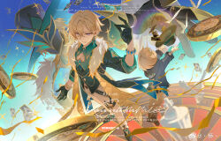  2boys ace_(playing_card) ace_of_spades aqua_shirt aventurine_(honkai:_star_rail) bandaged_arm bandages black_gloves blonde_hair card child clothing_cutout collared_shirt commission earrings english_text fur_trim gloves hair_between_eyes highres honkai:_star_rail honkai_(series) hood hoodie jacket jewelry kakavasha_(honkai:_star_rail) long_sleeves looking_at_viewer male_focus multicolored_eyes multiple_boys neck_tattoo pectoral_cleavage pectorals playing_card poker_chip qiao2121 shirt short_hair smile spade_(shape) spade_cutout tattoo two-tone_eyes violet_eyes watch watch watermark 